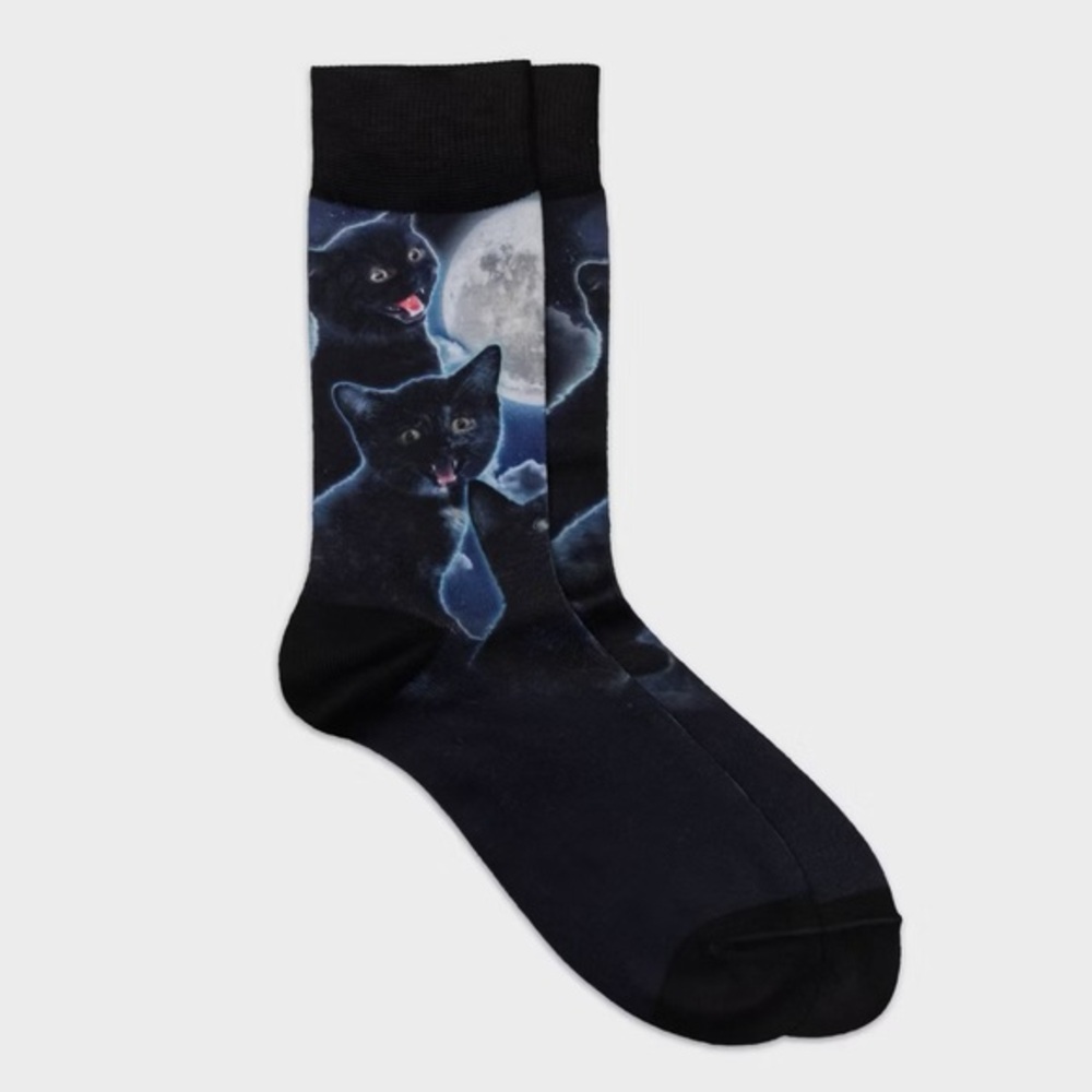Men's nwt Special Thanks Halloween Black Cats & Moon Crew Socks - 6-12